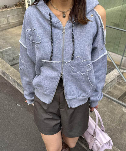 肩部開衩金屬釦眼貼布裝飾 拉鍊連帽衛衣