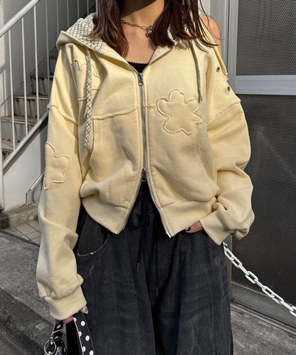肩部開衩金屬釦眼貼布裝飾 拉鍊連帽衛衣
