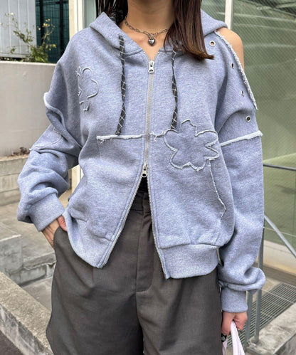 肩部開衩金屬釦眼貼布裝飾 拉鍊連帽衛衣