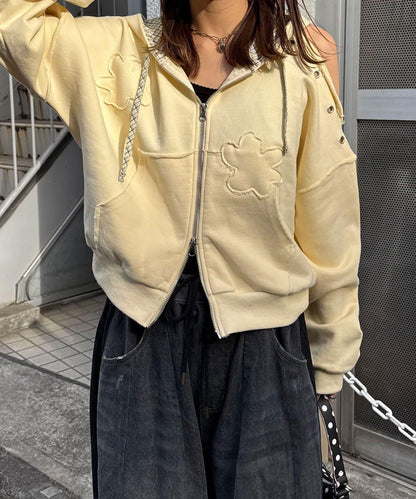 肩部開衩金屬釦眼貼布裝飾 拉鍊連帽衛衣