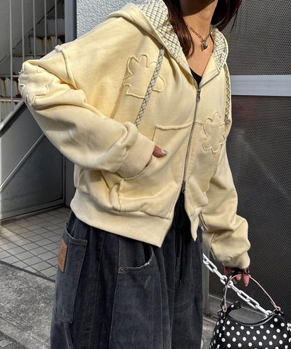 肩部開衩金屬釦眼貼布裝飾 拉鍊連帽衛衣
