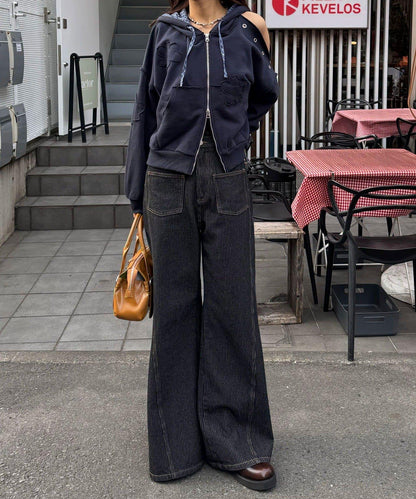 肩部開衩金屬釦眼貼布裝飾 拉鍊連帽衛衣