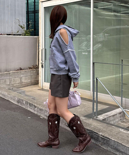 肩部開衩金屬釦眼貼布裝飾 拉鍊連帽衛衣