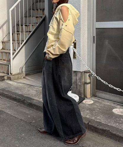 肩部開衩金屬釦眼貼布裝飾 拉鍊連帽衛衣