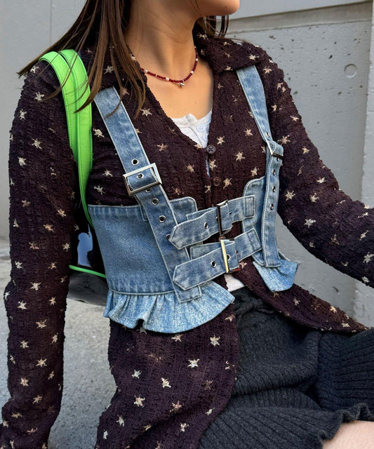 水鑽裝飾牛仔揹帶式束胸上衣