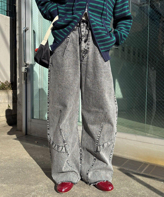 ANTI WARP 拼接弧形闊腿牛仔褲