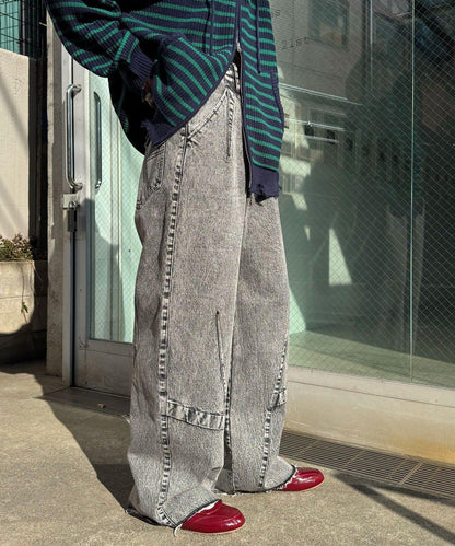 ANTI WARP 拼接弧形闊腿牛仔褲