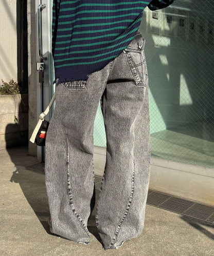 ANTI WARP 拼接弧形闊腿牛仔褲