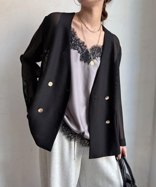 網眼無領背部蝴蝶結夾克外套