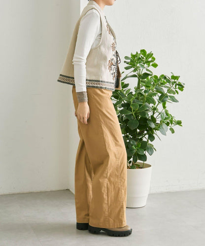 修飾腿部 寬鬆闊腿 拼接 後腰鬆緊設計 褲子