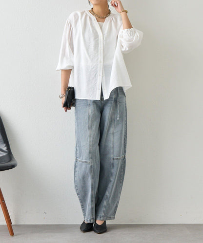 亞麻質感開領設計襯衫