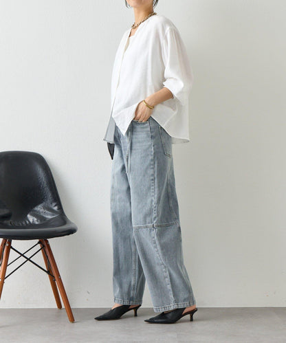 亞麻質感開領設計襯衫