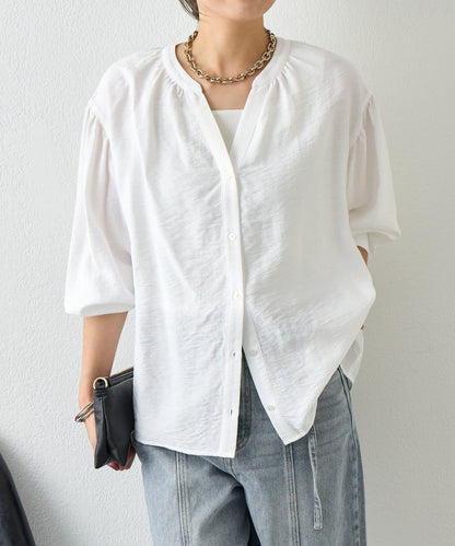 亞麻質感開領設計襯衫