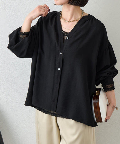 亞麻質感開領設計襯衫