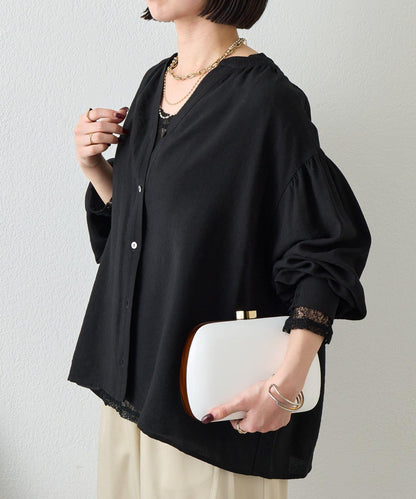 亞麻質感開領設計襯衫