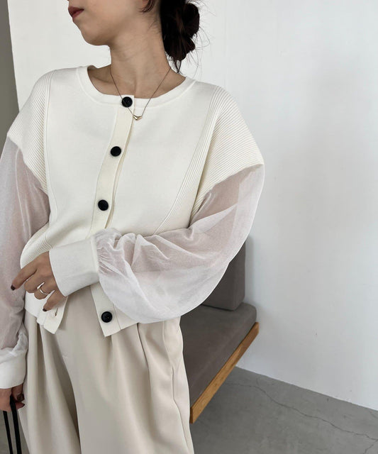 透紗袖短款針織開衫