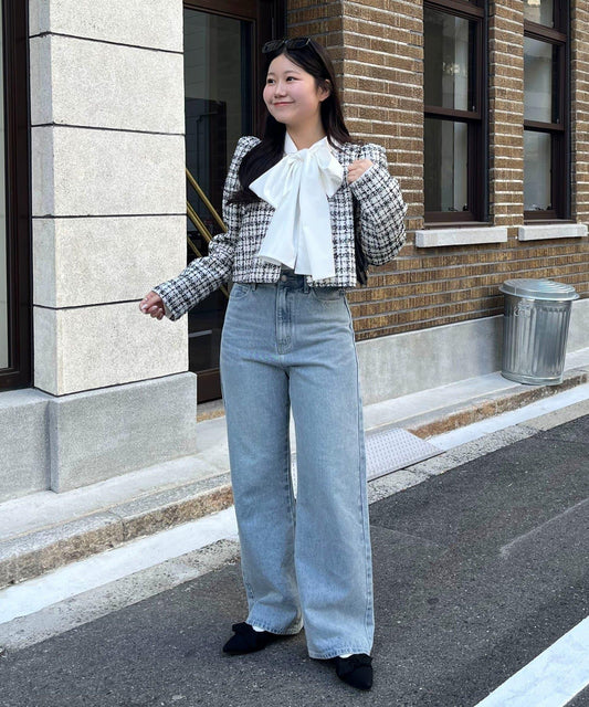 MIO 可調節按鈕直筒牛仔面料牛仔褲