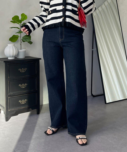 MIO 可調節按鈕直筒牛仔面料牛仔褲