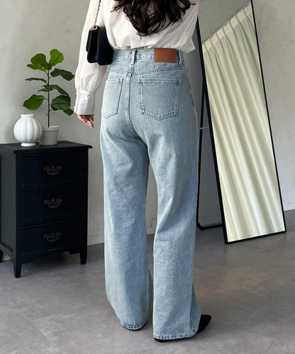 MIO 可調節按鈕直筒牛仔面料牛仔褲