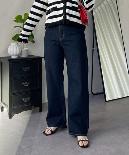 MIO 可調節按鈕直筒牛仔面料牛仔褲