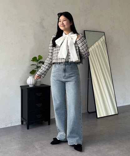 MIO 可調節按鈕直筒牛仔面料牛仔褲