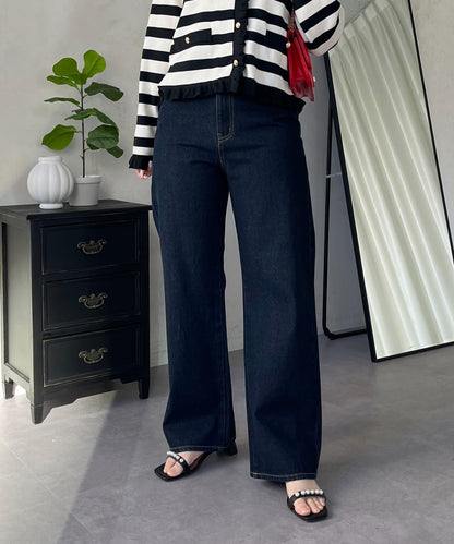 MIO 可調節按鈕直筒牛仔面料牛仔褲