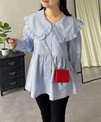 荷葉邊大翻領荷葉擺設計襯衫