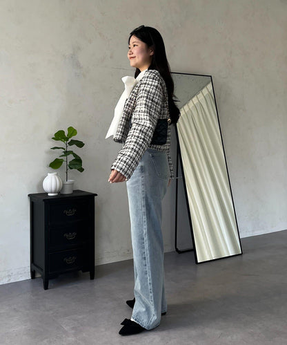 MIO 可調節按鈕直筒牛仔面料牛仔褲