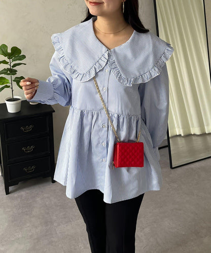 荷葉邊大翻領荷葉擺設計襯衫