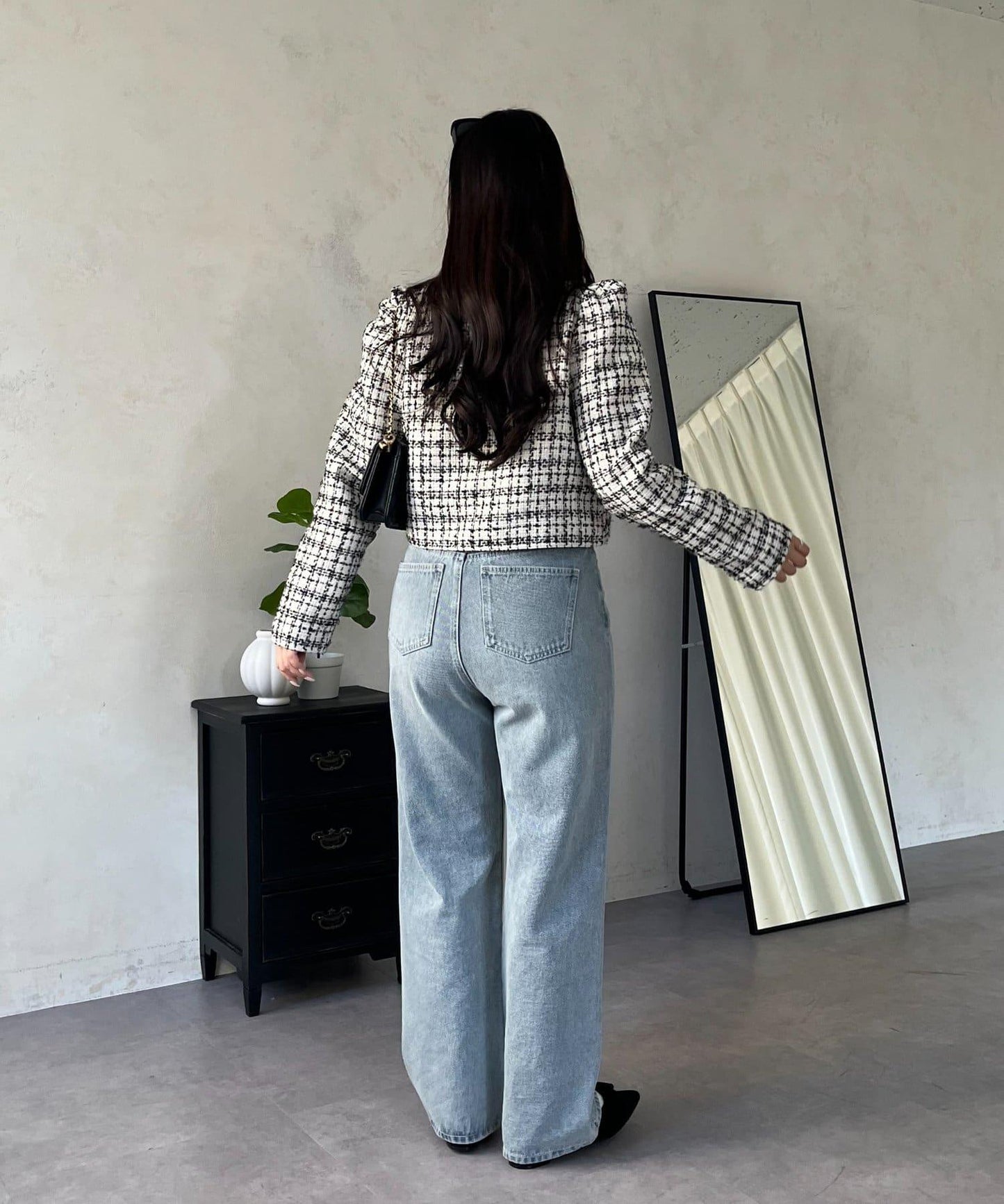 MIO 可調節按鈕直筒牛仔面料牛仔褲