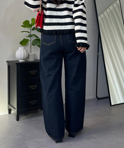 MIO 可調節按鈕直筒牛仔面料牛仔褲