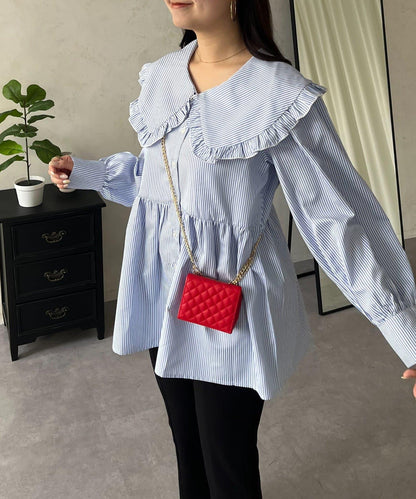 荷葉邊大翻領荷葉擺設計襯衫