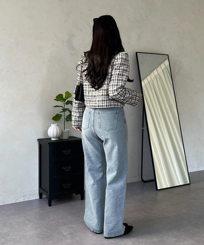 MIO 可調節按鈕直筒牛仔面料牛仔褲