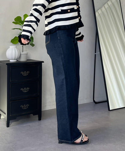 MIO 可調節按鈕直筒牛仔面料牛仔褲