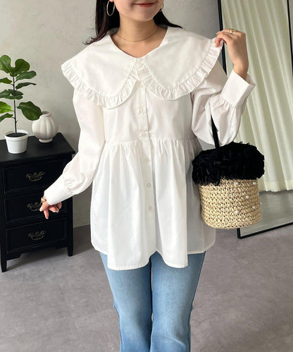 荷葉邊大翻領荷葉擺設計襯衫