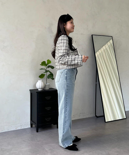 MIO 可調節按鈕直筒牛仔面料牛仔褲