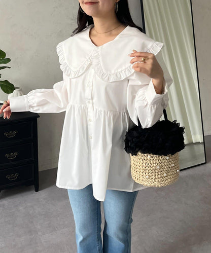 荷葉邊大翻領荷葉擺設計襯衫