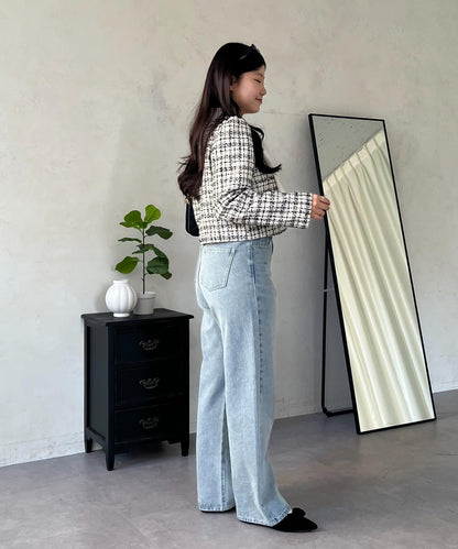 MIO 可調節按鈕直筒牛仔面料牛仔褲