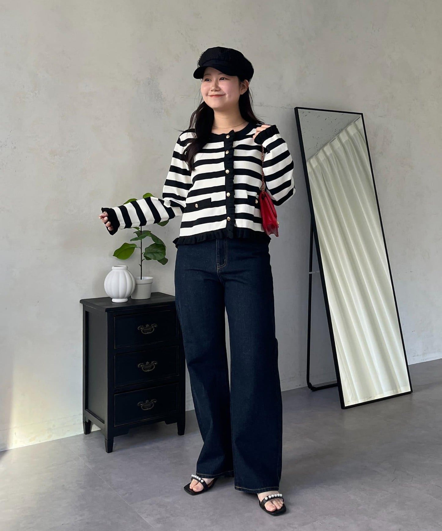 MIO 可調節按鈕直筒牛仔面料牛仔褲