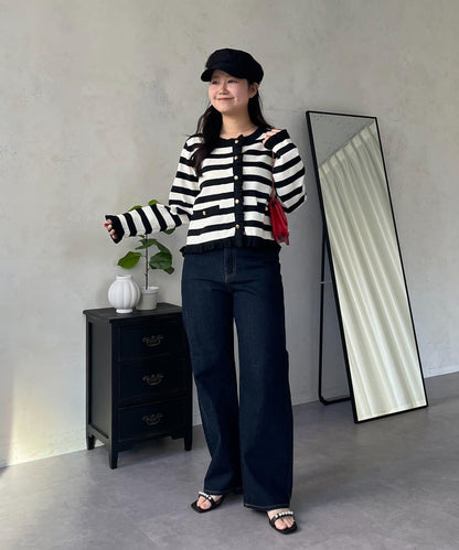 MIO 可調節按鈕直筒牛仔面料牛仔褲