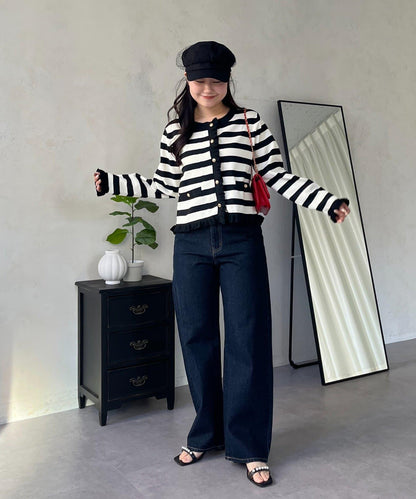 MIO 可調節按鈕直筒牛仔面料牛仔褲