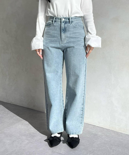 MIO 可調節按鈕直筒牛仔面料牛仔褲