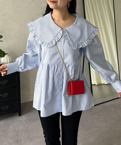 荷葉邊大翻領荷葉擺設計襯衫