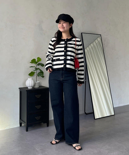 MIO 可調節按鈕直筒牛仔面料牛仔褲