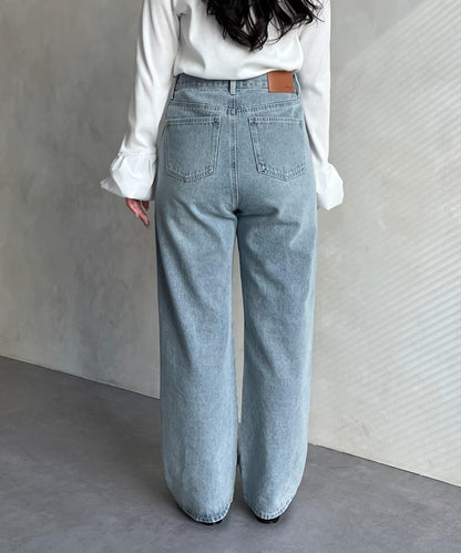 MIO 可調節按鈕直筒牛仔面料牛仔褲