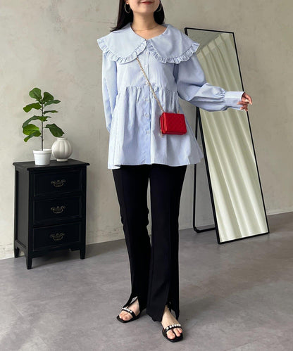 荷葉邊大翻領荷葉擺設計襯衫