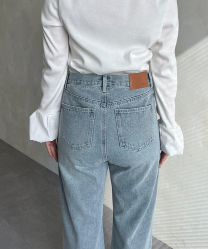 MIO 可調節按鈕直筒牛仔面料牛仔褲