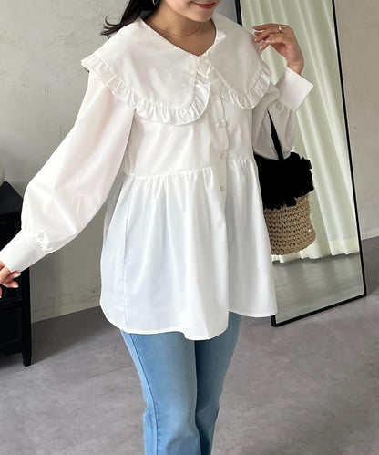 荷葉邊大翻領荷葉擺設計襯衫