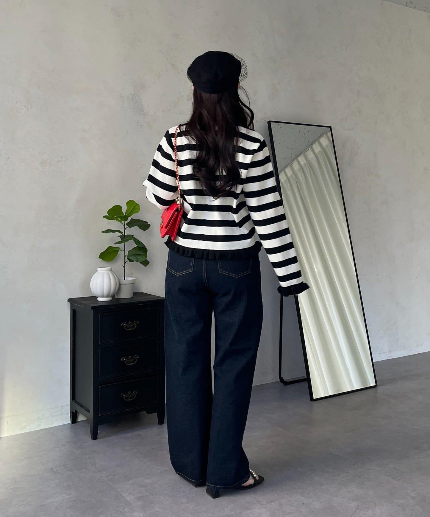 MIO 可調節按鈕直筒牛仔面料牛仔褲