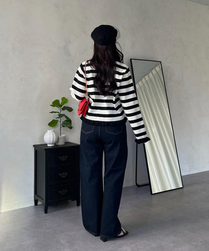 MIO 可調節按鈕直筒牛仔面料牛仔褲